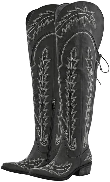 sexytag Cowgirl Boots Thigh High Wide Calf Embroidered Western Cowboy Boots