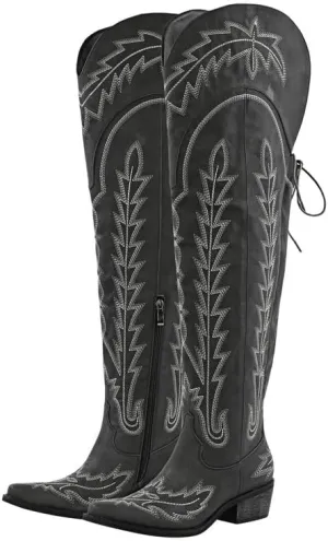 sexytag Cowgirl Boots Thigh High Wide Calf Embroidered Western Cowboy Boots