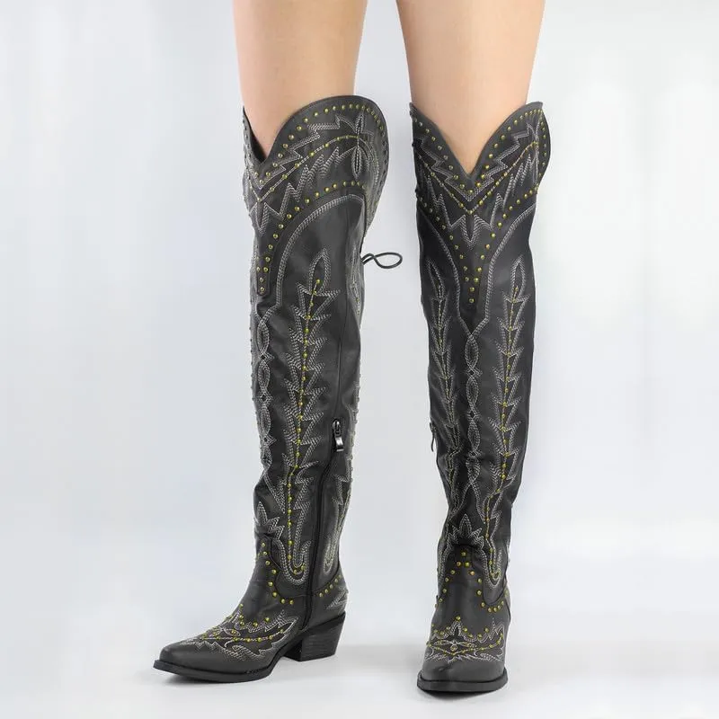 sexytag Cowgirl Boots Thigh High Wide Calf Embroidered Western Cowboy Boots