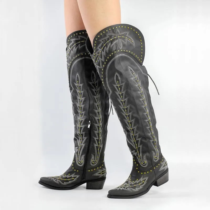sexytag Cowgirl Boots Thigh High Wide Calf Embroidered Western Cowboy Boots