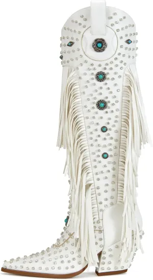 sexytag Fringe Cowboy Boots Rhinestone Embellishments Knee High Cowgirl Boots Turquoise Flower Studded Western Booties