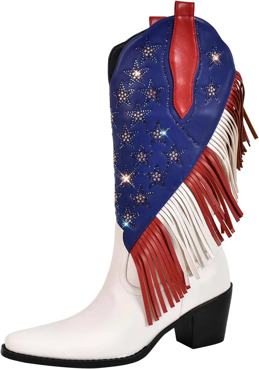 sexytag Fringe Cowgirl Boots Rhinestone Star Cowboy Boots for Women with Tassels Pointed Toe Pull On Western Mid Calf Boots