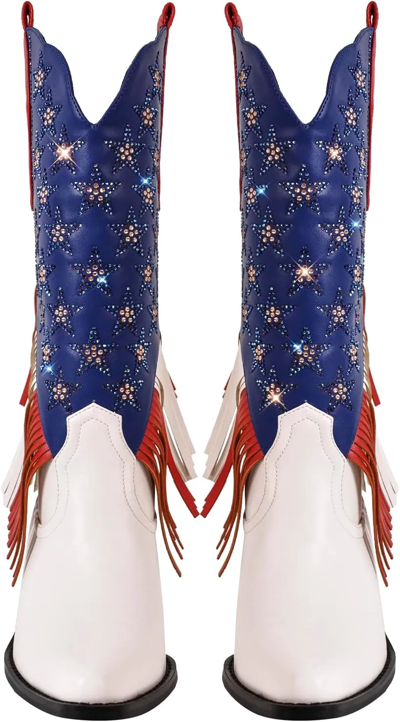 sexytag Fringe Cowgirl Boots Rhinestone Star Cowboy Boots for Women with Tassels Pointed Toe Pull On Western Mid Calf Boots