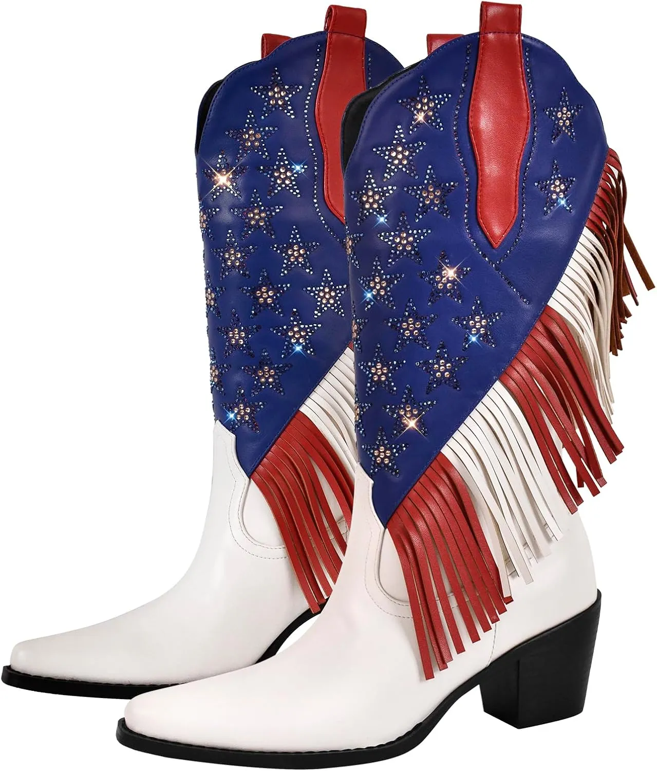 sexytag Fringe Cowgirl Boots Rhinestone Star Cowboy Boots for Women with Tassels Pointed Toe Pull On Western Mid Calf Boots