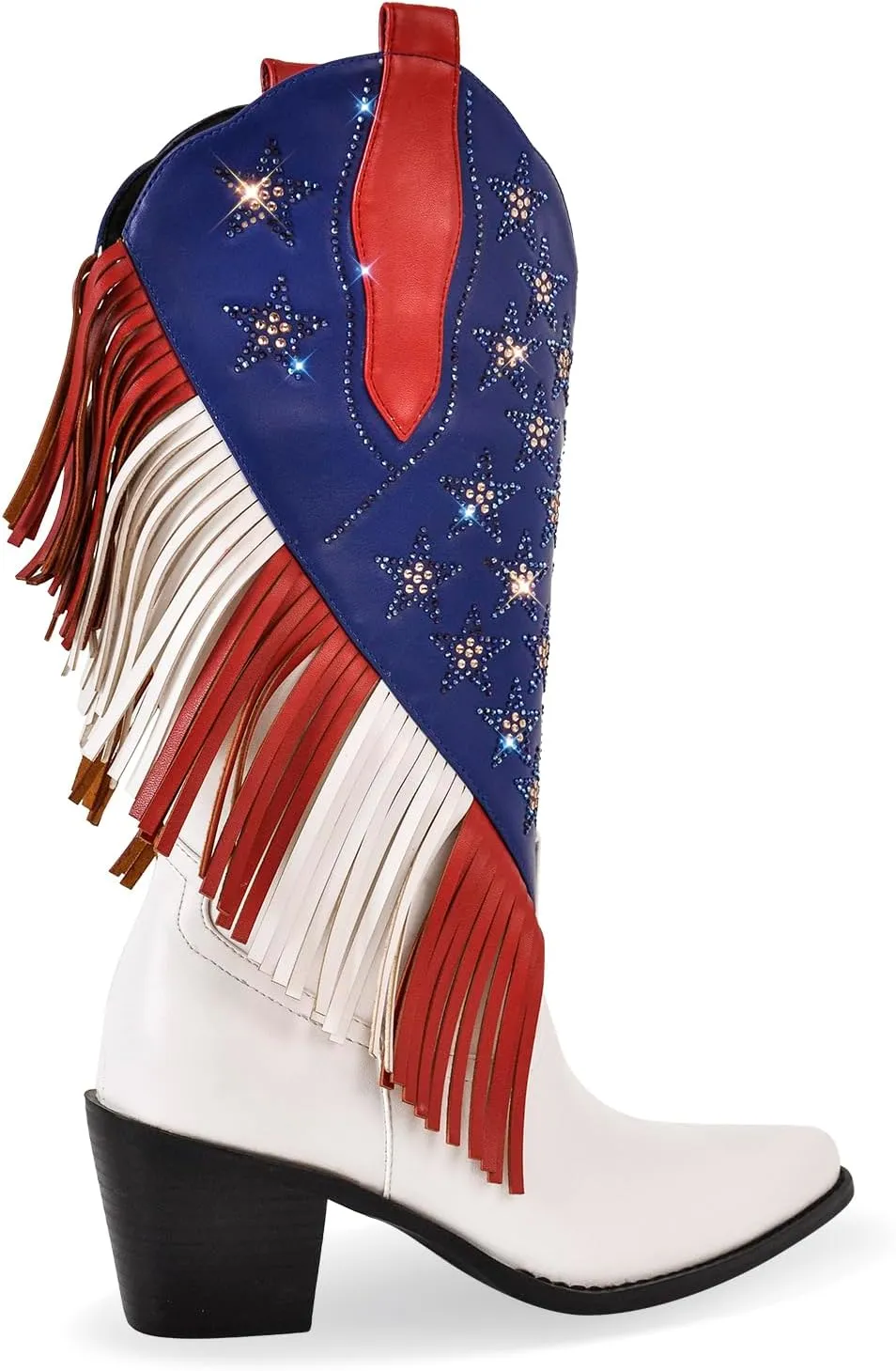 sexytag Fringe Cowgirl Boots Rhinestone Star Cowboy Boots for Women with Tassels Pointed Toe Pull On Western Mid Calf Boots