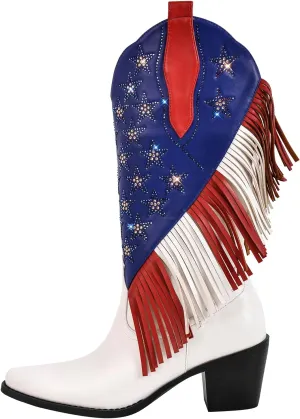 sexytag Fringe Cowgirl Boots Rhinestone Star Cowboy Boots for Women with Tassels Pointed Toe Pull On Western Mid Calf Boots