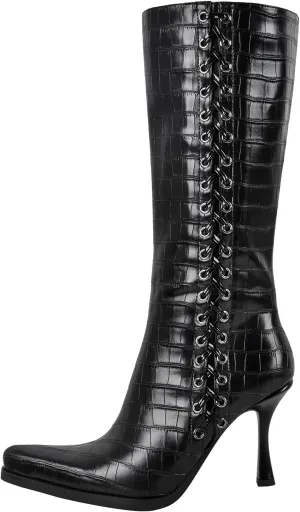 sexytag Knee High Boots for Women Pointy Toe Stiletto Heel Boots Lace up Side Zipper Fashion Boot