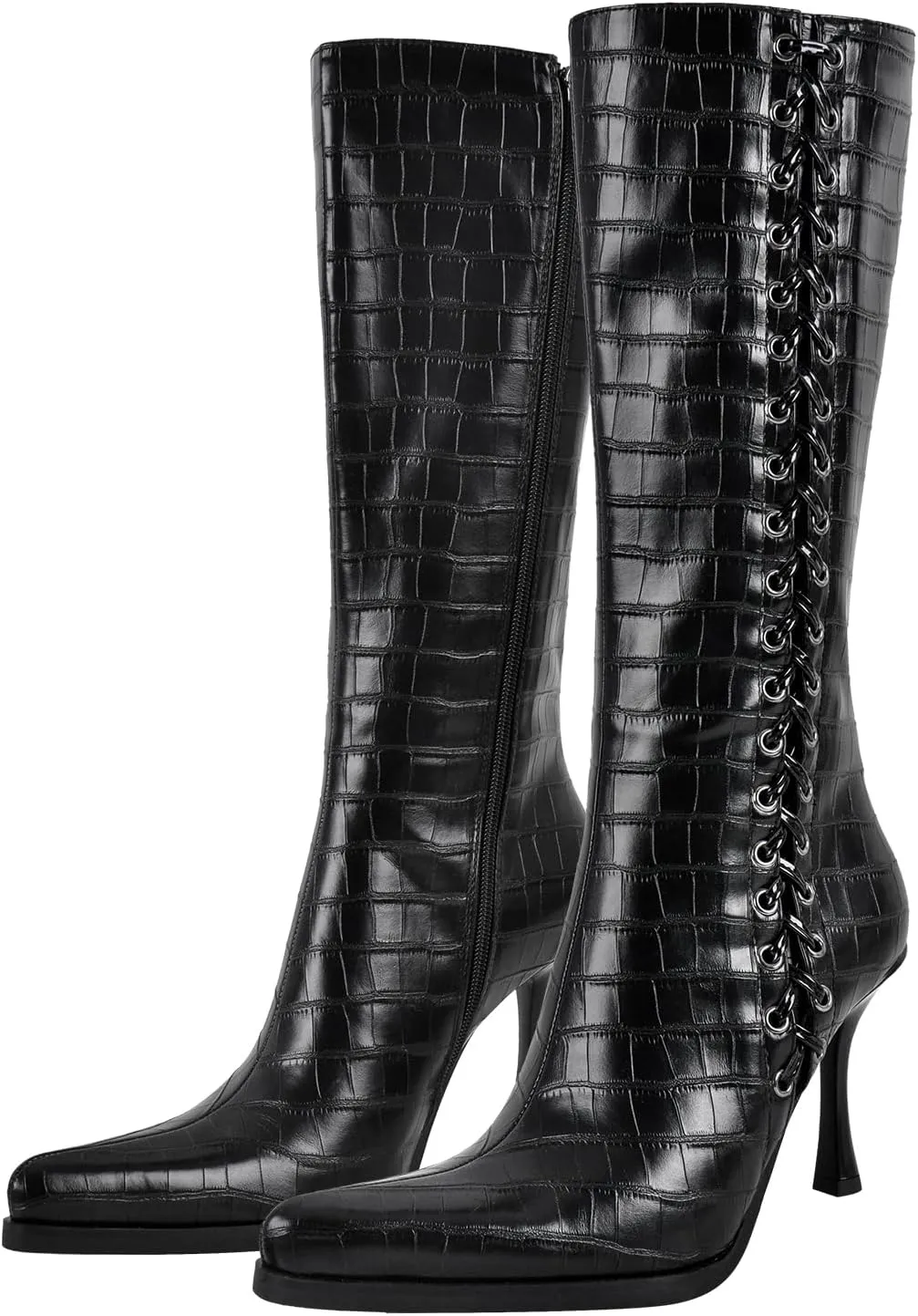 sexytag Knee High Boots for Women Pointy Toe Stiletto Heel Boots Lace up Side Zipper Fashion Boot