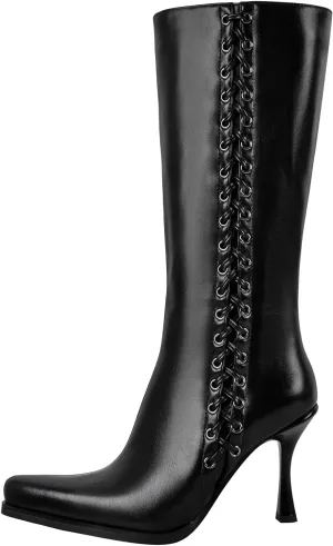sexytag Knee High Boots for Women Pointy Toe Stiletto Heel Boots Lace up Side Zipper Fashion Boot