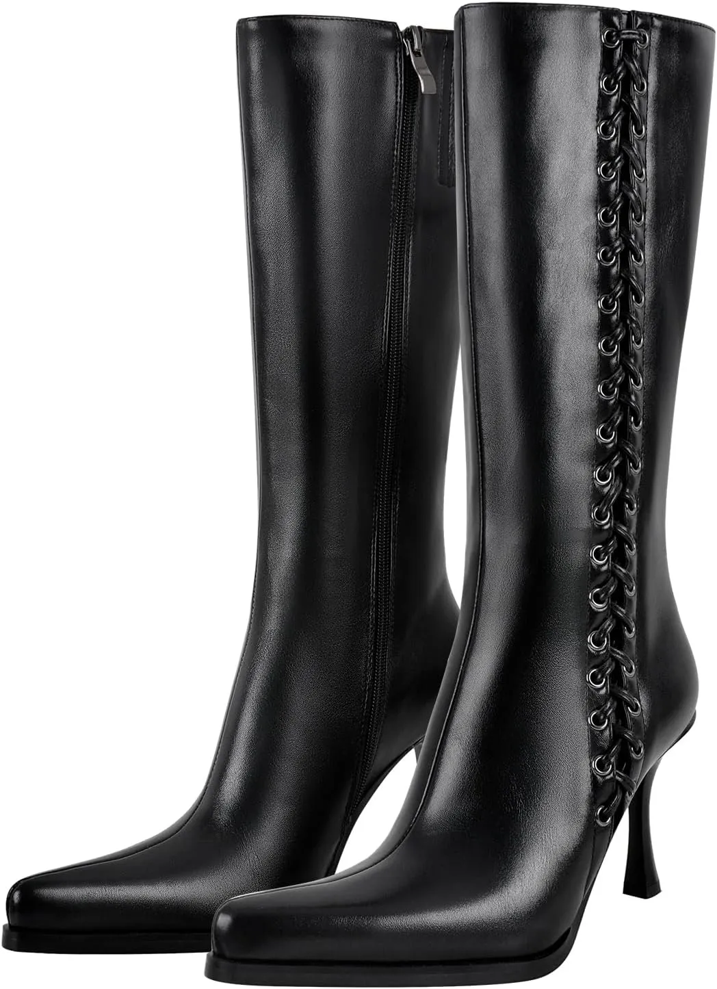 sexytag Knee High Boots for Women Pointy Toe Stiletto Heel Boots Lace up Side Zipper Fashion Boot