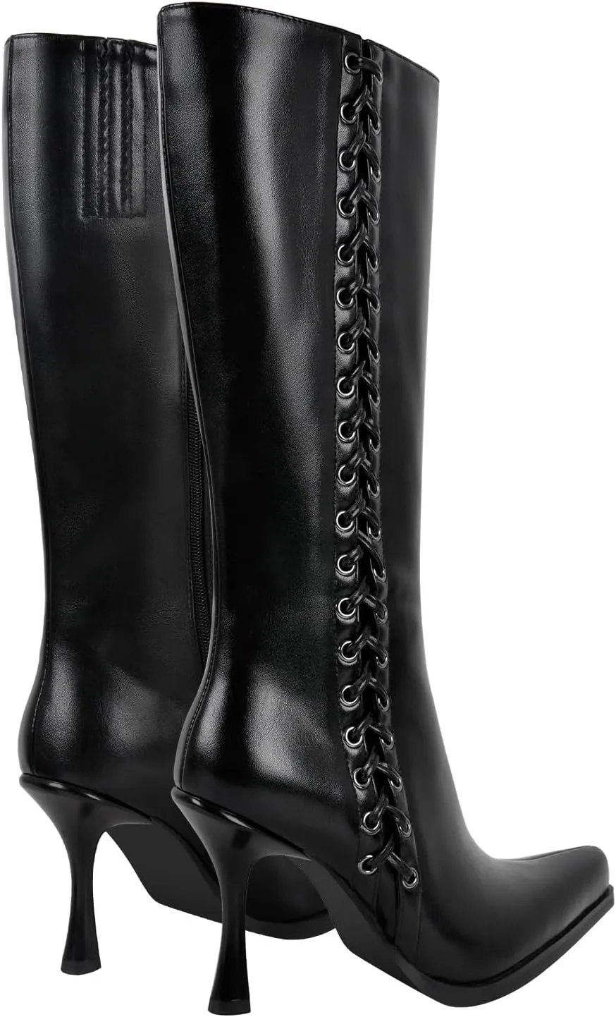 sexytag Knee High Boots for Women Pointy Toe Stiletto Heel Boots Lace up Side Zipper Fashion Boot