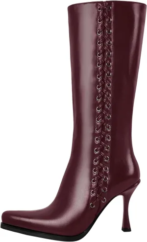 sexytag Knee High Boots for Women Pointy Toe Stiletto Heel Boots Lace up Side Zipper Fashion Boot
