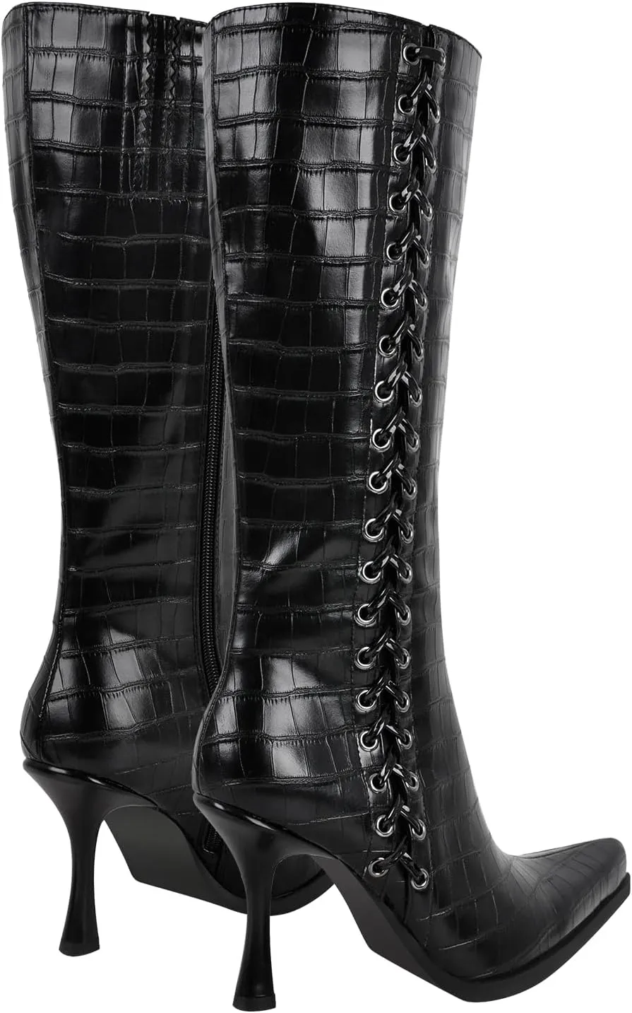 sexytag Knee High Boots for Women Pointy Toe Stiletto Heel Boots Lace up Side Zipper Fashion Boot