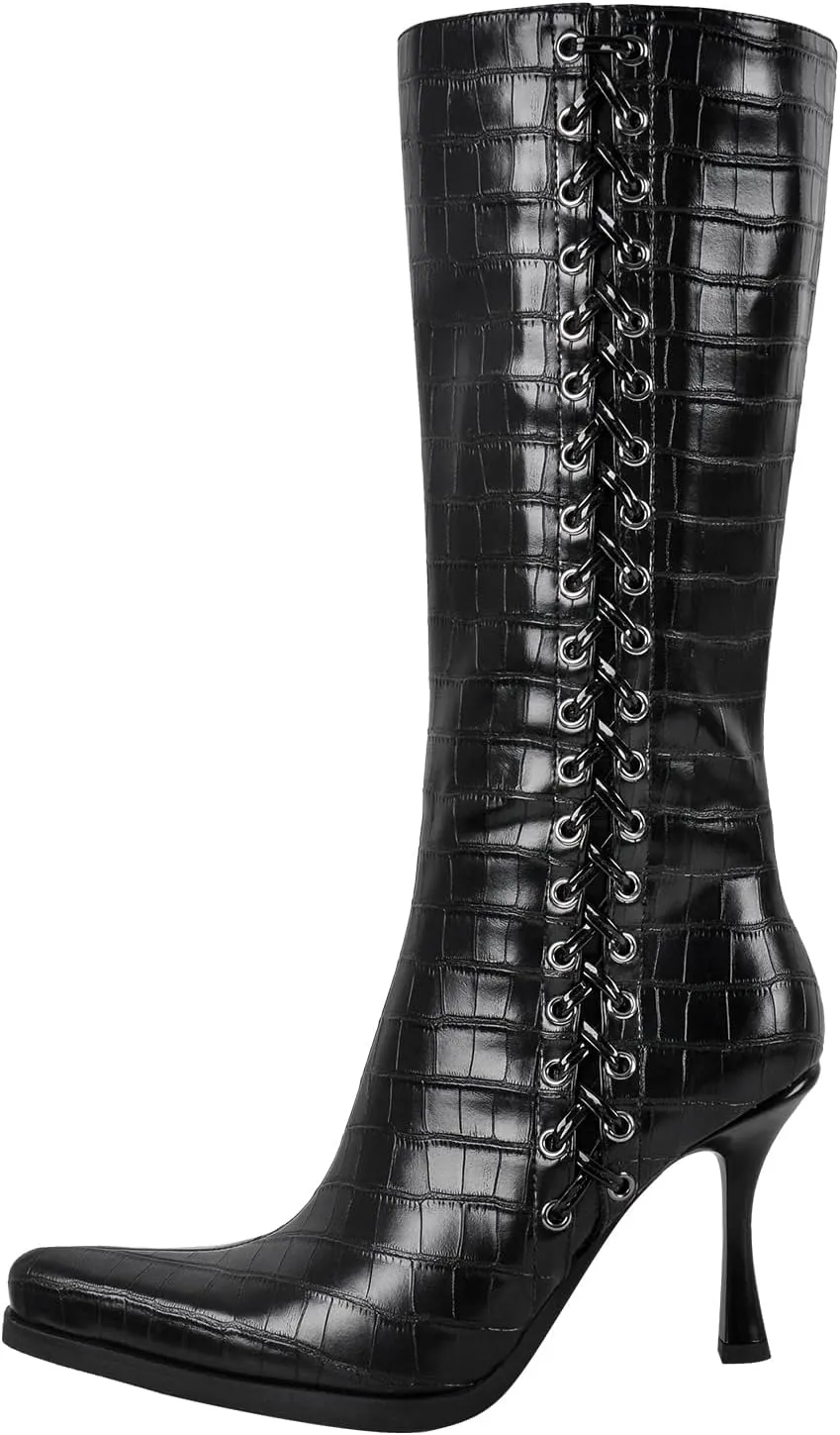 sexytag Knee High Boots for Women Pointy Toe Stiletto Heel Boots Lace up Side Zipper Fashion Boot