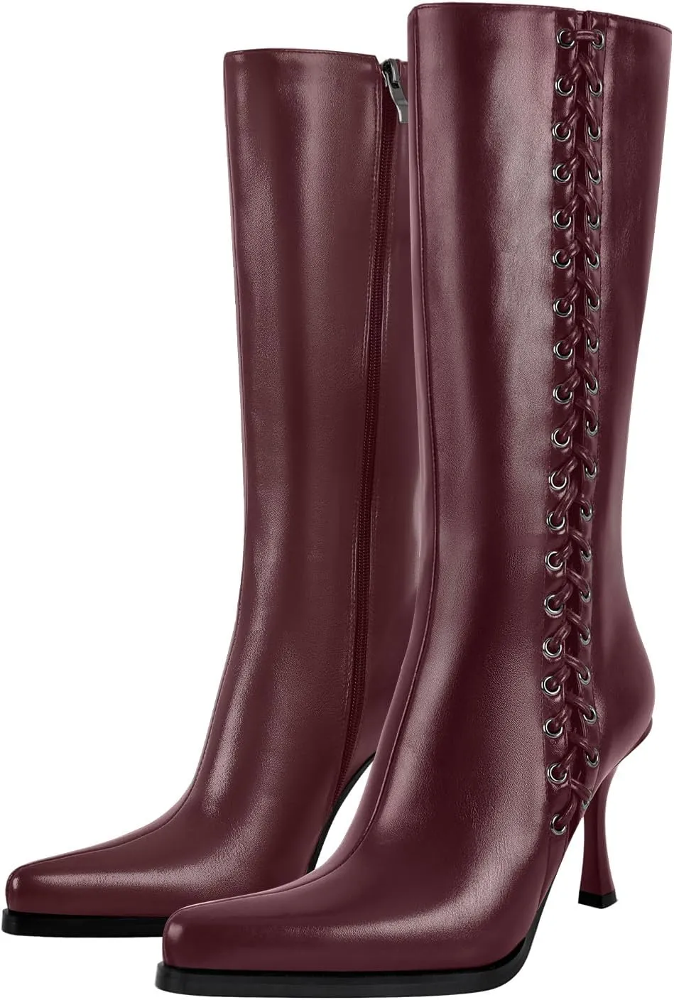 sexytag Knee High Boots for Women Pointy Toe Stiletto Heel Boots Lace up Side Zipper Fashion Boot