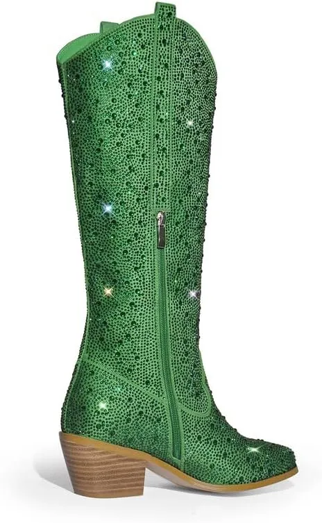 sexytag Rhinestone Boots for Women Knee High Chunky Low Heel Mid-calf Boots Pointed Toe Pull-On Ankle Booties