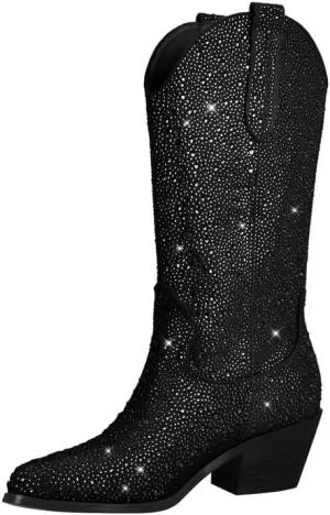 sexytag Rhinestone Boots for Women Knee High Chunky Low Heel Mid-calf Boots Pointed Toe Pull-On Ankle Booties