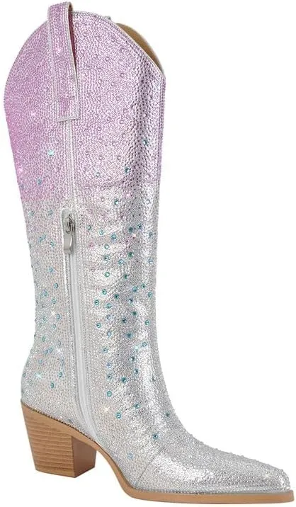 sexytag Rhinestone Boots for Women Knee High Chunky Low Heel Mid-calf Boots Pointed Toe Pull-On Ankle Booties