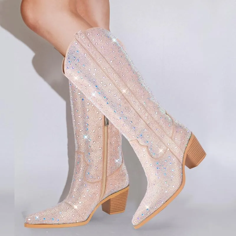 sexytag Rhinestone Boots for Women Knee High Chunky Low Heel Mid-calf Boots Pointed Toe Pull-On Ankle Booties