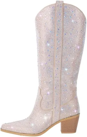 sexytag Rhinestone Boots for Women Knee High Chunky Low Heel Mid-calf Boots Pointed Toe Pull-On Ankle Booties