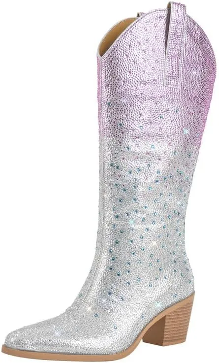 sexytag Rhinestone Boots for Women Knee High Chunky Low Heel Mid-calf Boots Pointed Toe Pull-On Ankle Booties