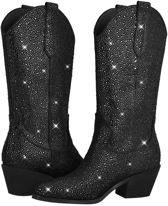 sexytag Rhinestone Boots for Women Knee High Chunky Low Heel Mid-calf Boots Pointed Toe Pull-On Ankle Booties