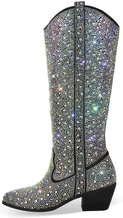 sexytag Rhinestone Boots for Women Knee High Chunky Low Heel Mid-calf Boots Pointed Toe Pull-On Ankle Booties