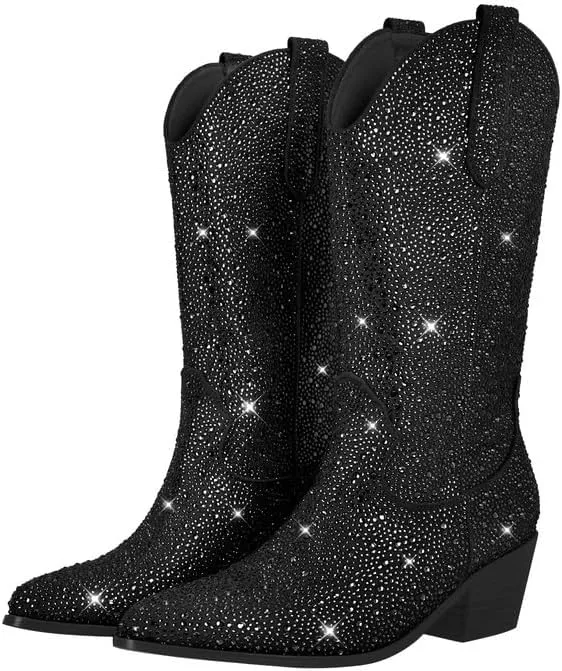 sexytag Rhinestone Boots for Women Knee High Chunky Low Heel Mid-calf Boots Pointed Toe Pull-On Ankle Booties