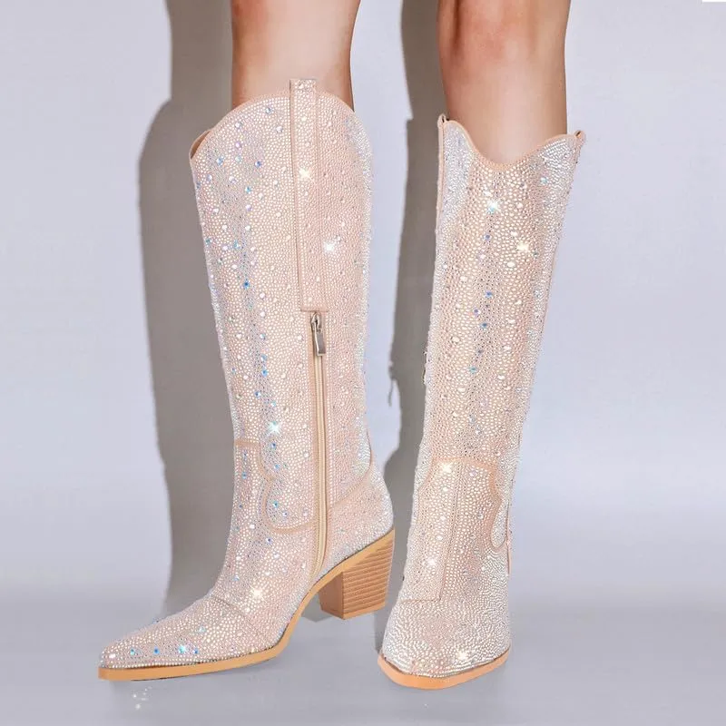 sexytag Rhinestone Boots for Women Knee High Chunky Low Heel Mid-calf Boots Pointed Toe Pull-On Ankle Booties