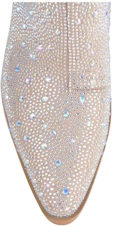 sexytag Rhinestone Boots for Women Knee High Chunky Low Heel Mid-calf Boots Pointed Toe Pull-On Ankle Booties