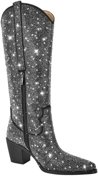 sexytag Rhinestone Boots for Women Knee High Chunky Low Heel Mid-calf Boots Pointed Toe Pull-On Ankle Booties