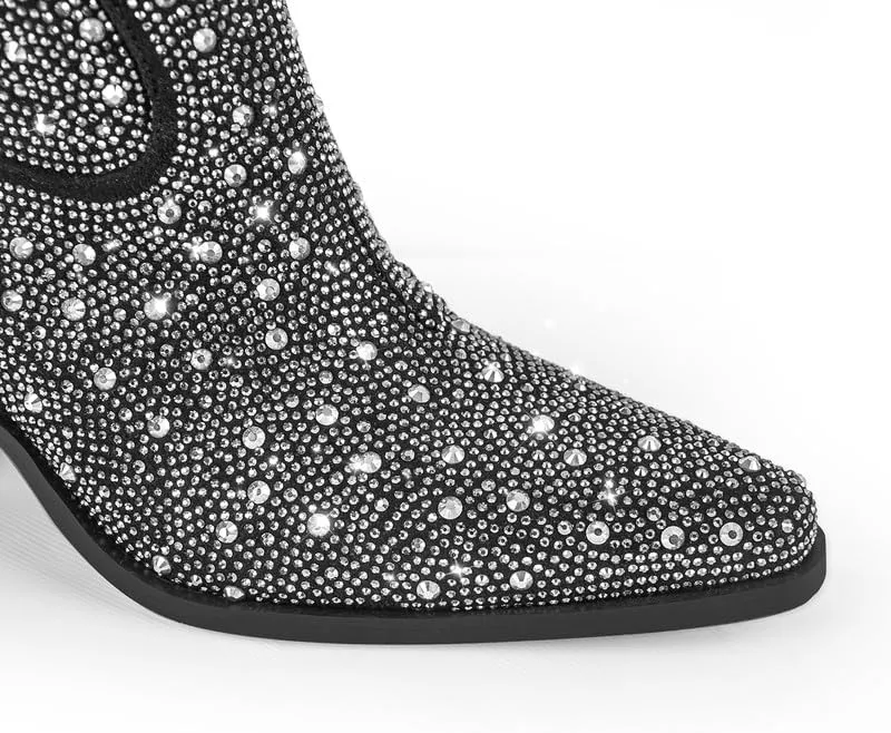 sexytag Rhinestone Boots for Women Knee High Chunky Low Heel Mid-calf Boots Pointed Toe Pull-On Ankle Booties