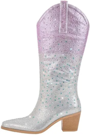 sexytag Rhinestone Boots for Women Knee High Chunky Low Heel Mid-calf Boots Pointed Toe Pull-On Ankle Booties