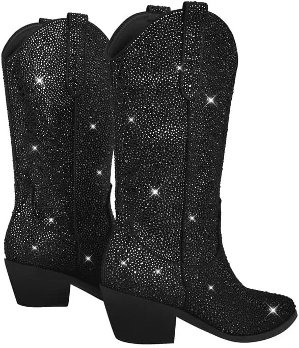 sexytag Rhinestone Boots for Women Knee High Chunky Low Heel Mid-calf Boots Pointed Toe Pull-On Ankle Booties