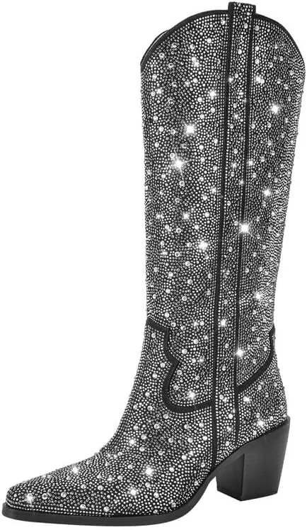 sexytag Rhinestone Boots for Women Knee High Chunky Low Heel Mid-calf Boots Pointed Toe Pull-On Ankle Booties