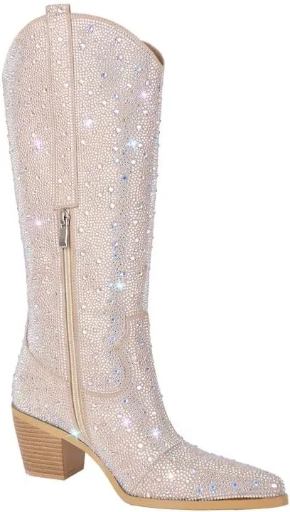 sexytag Rhinestone Boots for Women Knee High Chunky Low Heel Mid-calf Boots Pointed Toe Pull-On Ankle Booties