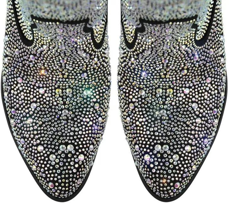 sexytag Rhinestone Boots for Women Knee High Chunky Low Heel Mid-calf Boots Pointed Toe Pull-On Ankle Booties