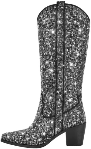 sexytag Rhinestone Boots for Women Knee High Chunky Low Heel Mid-calf Boots Pointed Toe Pull-On Ankle Booties