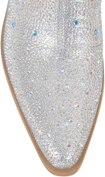 sexytag Rhinestone Boots for Women Knee High Chunky Low Heel Mid-calf Boots Pointed Toe Pull-On Ankle Booties