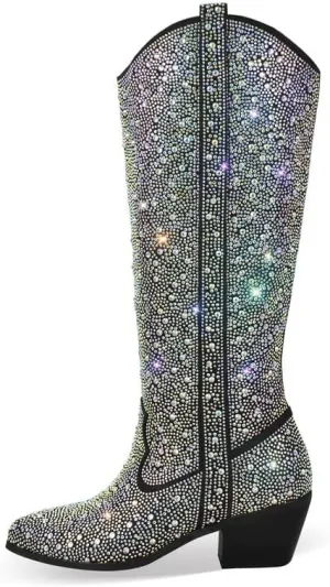 sexytag Rhinestone Boots for Women Knee High Chunky Low Heel Mid-calf Boots Pointed Toe Pull-On Ankle Booties