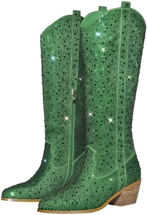 sexytag Rhinestone Boots for Women Knee High Chunky Low Heel Mid-calf Boots Pointed Toe Pull-On Ankle Booties