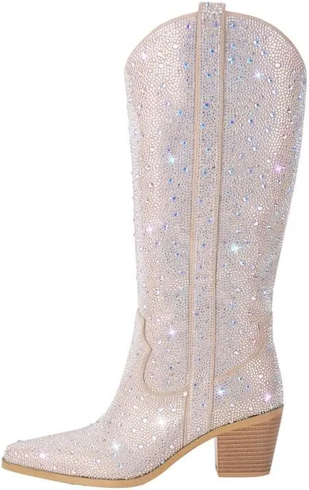 sexytag Rhinestone Boots for Women Knee High Chunky Low Heel Mid-calf Boots Pointed Toe Pull-On Ankle Booties