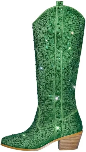 sexytag Rhinestone Boots for Women Knee High Chunky Low Heel Mid-calf Boots Pointed Toe Pull-On Ankle Booties