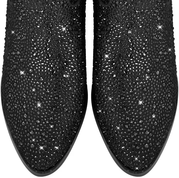 sexytag Rhinestone Boots for Women Knee High Chunky Low Heel Mid-calf Boots Pointed Toe Pull-On Ankle Booties