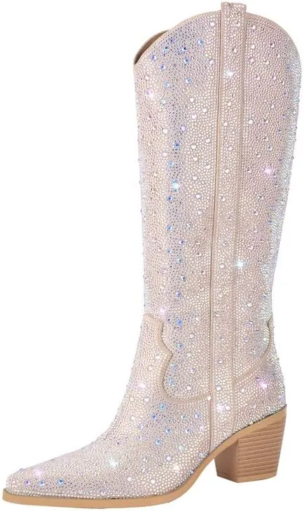 sexytag Rhinestone Boots for Women Knee High Chunky Low Heel Mid-calf Boots Pointed Toe Pull-On Ankle Booties