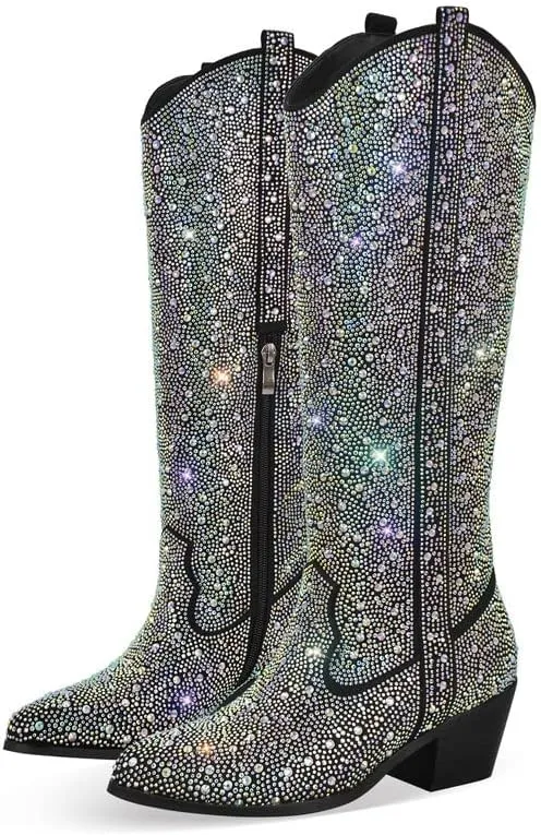 sexytag Rhinestone Boots for Women Knee High Chunky Low Heel Mid-calf Boots Pointed Toe Pull-On Ankle Booties