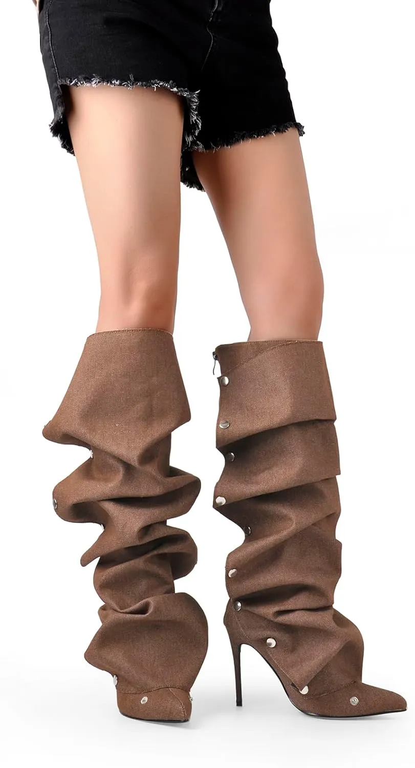 sexytag Stiletto Heel Knee High Boots Ruched Slouchy Detachable Snap-off Shark Boots