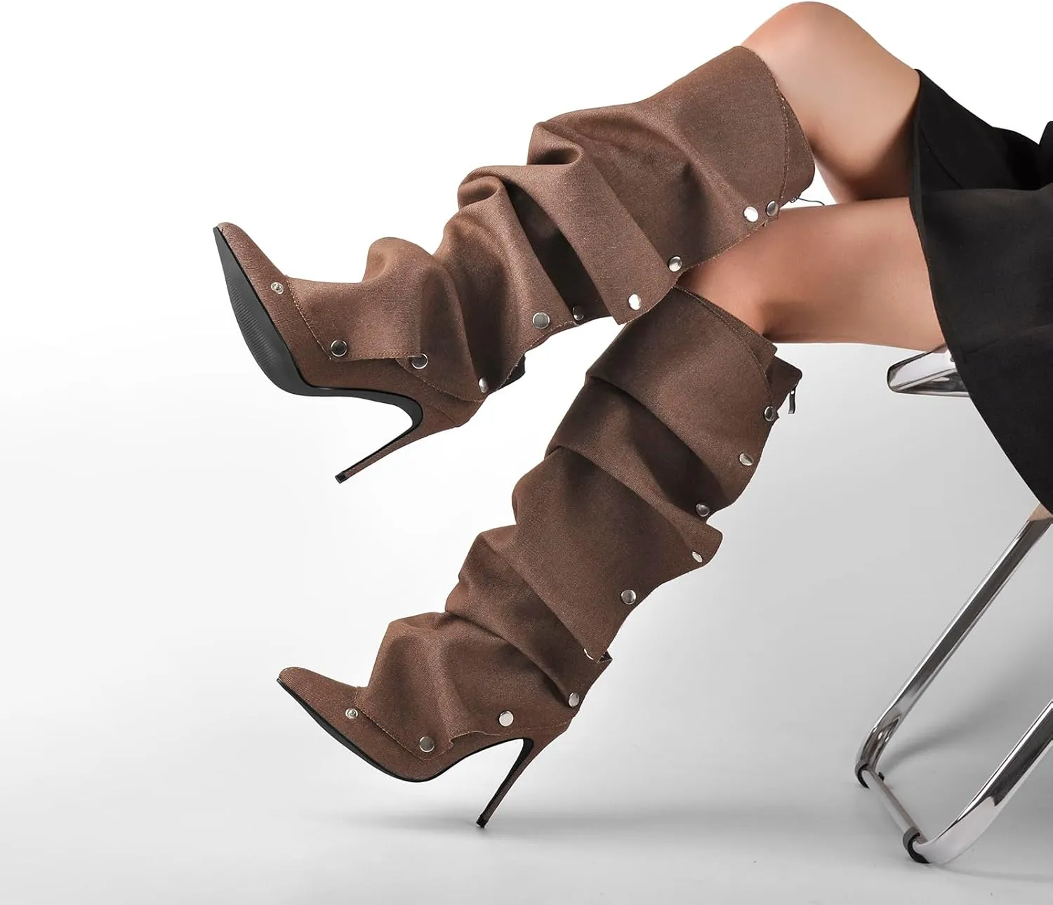 sexytag Stiletto Heel Knee High Boots Ruched Slouchy Detachable Snap-off Shark Boots