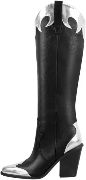 sexytag Western Knee High Boots Metallic Pointed Toe Patchwork Cowboy Boots Chunky Heel Cowgirl Boots Colorful Tall Cowgirl Boots