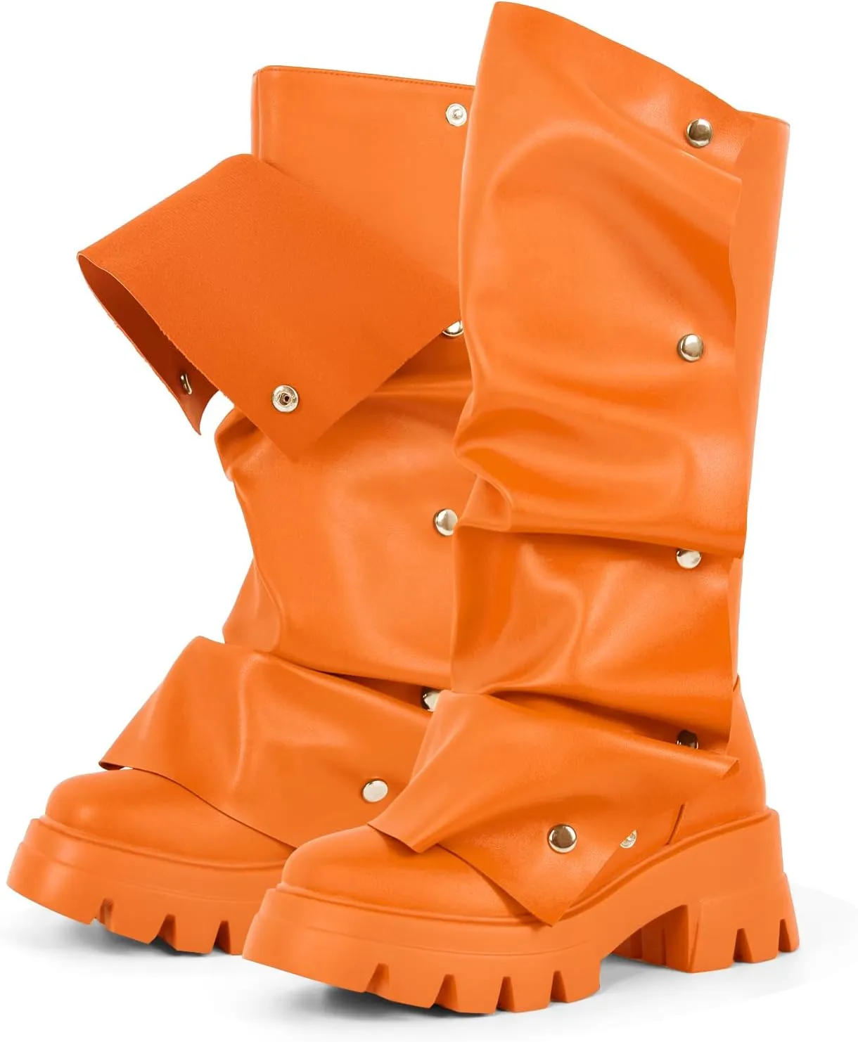 sexytag Women's Platform Slouchy Fold Over Boots Mid Calf Block Heel Round Toe Western Pull on Fashion Boot